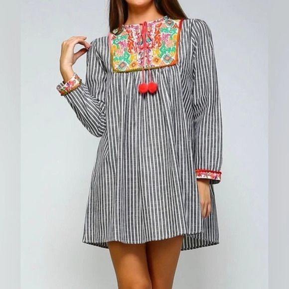 Velzera Embroidered Striped Tunic Pom Pom Dress - NWOT - Size XS - Picture 1 of 8